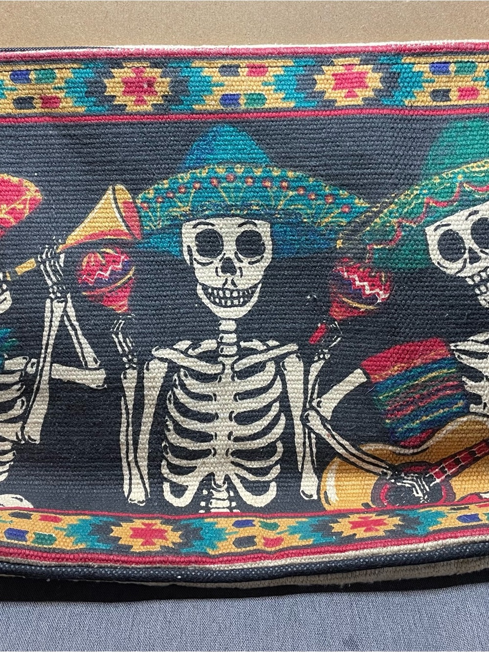 Festive Skeleton Mariachi Woven Tote Bag - Black, Teal, Red